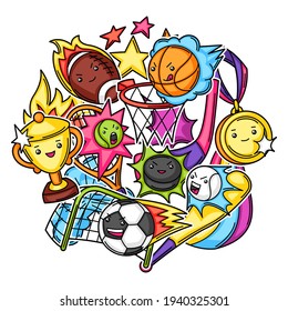 Background With Kawaii Sport Items. Cute Funny Characters.