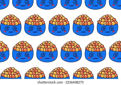 Background Kawaii sushi, rolls, sashimi - colored seamless pattern, print. Traditional Japanese or Asian food, restaurant or bar social media decoration, cute cartoon emoticon