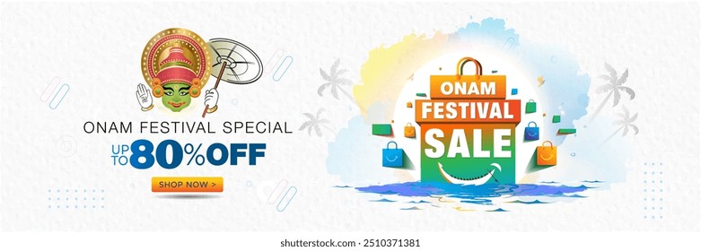 Background of Kerala snake boat and Onam festival promotional offer, shopping sale deal discount concept.