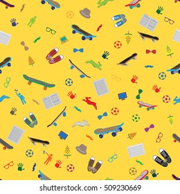 Background for kids - palm, blog, music, skate, fingerboard, shoes, ice cream, mustache, hat, soccer ball, rabbit, glasses.