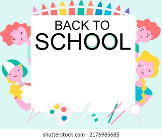 Niños de fondo y suministros para la escuela del concepto "De regreso a la escuela", ilustración vectorial plana.