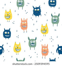 Background with kind and smiling monsters. Seamless pattern with monsters.