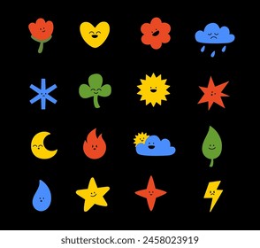 background for kisd.colored set of vector sticker simple decorative elements. Various icons such as hearts, stars, speech bubbles, arrows, lines isolated on white background
