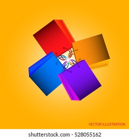 Background with kit shopping bags in different colors with yellow background. Illustration in red, yellow, blue and lilac colors with shadows. Vector illustration.