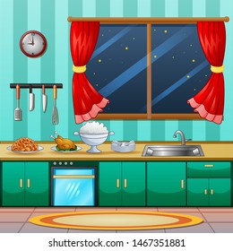 Background of kitchen interior with cuisine for dinner