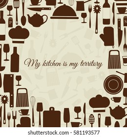 Background of kitchen items kitchen monochrome-vector illustration. Banner all for kitchen. my kitchen is my territory. EPS 10