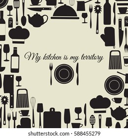 Background of kitchen items kitchen monochrome-vector illustration. Plate fork knife. Banner all for kitchen. my kitchen is my territory