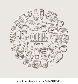 Background with kitchen tools for cooking. hand drawn.