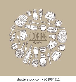 Background with kitchen tools for cooking. hand drawn.