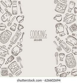 Background with kitchen tools for cooking. hand drawn.