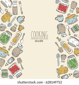 Background with kitchen tools for cooking. hand drawn