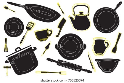 Background with Kitchen Tools.  Set of Cooking Utensils. Vector illustration.