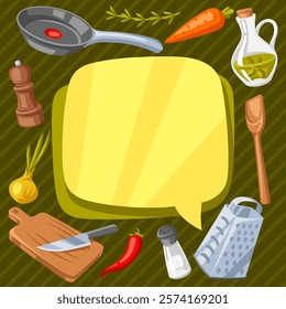 Background with kitchen utensils. Cooking tools for home and recipe items.