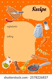 Background with kitchen utensils. Cooking tools for home and recipe items.