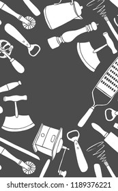 Background of Kitchen utensils set. Vector large collection hand drawn illustration with kitchen tools. Utensil and cooking. Kitchenware sketch. Retro Cartoon style