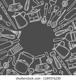 Background of Kitchen utensils set. Vector large collection hand drawn illustration with kitchen tools. Utensil and cooking. Kitchenware sketch. Retro engraving style