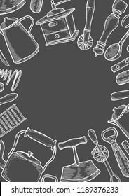 Background of Kitchen utensils set. Vector large collection hand drawn illustration with kitchen tools. Utensil and cooking. Kitchenware sketch. Retro engraving style