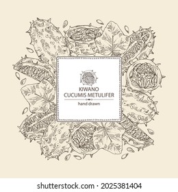 Background with kiwano: fruts, leaves, seeds and kiwano slice. Cucumis metulifer. Vector hand drawn illustration