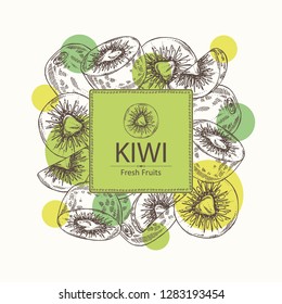 Background with kiwi fruit and slice of kiwi. Vector hand drawn illustration