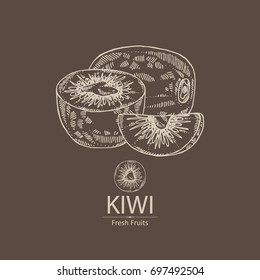 Background with kiwi fruit and slice of kiwi. Vector hand drawn illustration