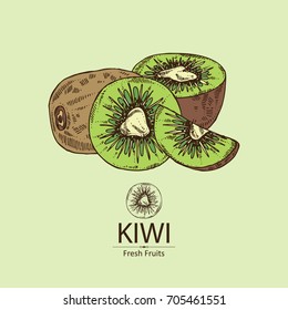 Background with kiwi fruit and slice of kiwi. Vector hand drawn illustration