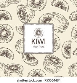 Background with kiwi fruit and slice of kiwi. Vector hand drawn illustration