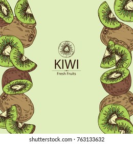 Background with kiwi fruit and slice of kiwi. Vector hand drawn illustration