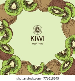 Background with kiwi fruit and slice of kiwi. Vector hand drawn illustration