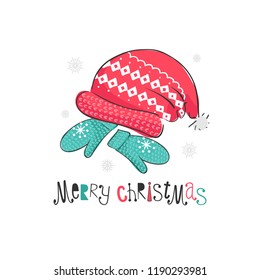 Background of a knitted red hat and green mittens and lettering Merry Christmas. Holiday card design in vector.