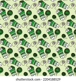 Background in knitted socks with tangles. Knitting warm socks with knitting needles. Suitable for printed products on paper and fabric. Hobby knitting for yourself and for sale.