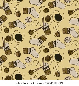 Background in knitted socks with tangles. Knitting warm socks with knitting needles. Suitable for printed products on paper and fabric. Hobby knitting for yourself and for sale.