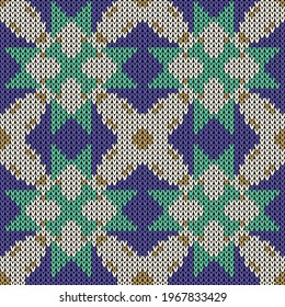 Background knitting seamless ornament. Vector illustration  Colors: Barley Corn, Narvik, Shamrock, Han Purple