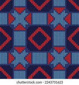 Background knitting seamless ornament. Vector illustration  Colors: Picton Blue, Tory Blue, Sapphire, Alizarin. Christmas seamless pattern