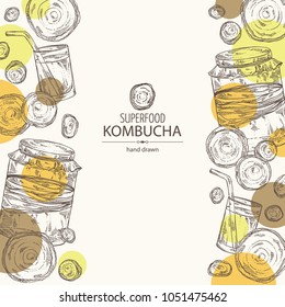 Background with kombucha: mushroom, jar with kombucha tea. Super food. Vector hand drawn illustration