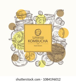 Background with kombucha: mushroom, jar with kombucha tea. Super food. Vector hand drawn illustration