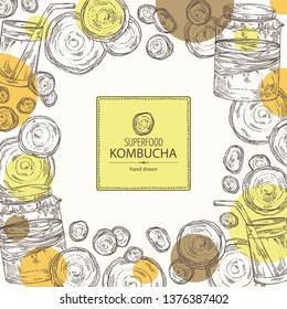 Background with kombucha: mushroom, jar with kombucha tea. Super food. Vector hand drawn illustration 