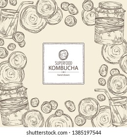 Background with kombucha: mushroom, jar with kombucha tea. Super food. Vector hand drawn illustration 
