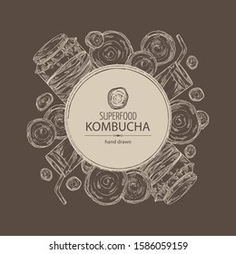 Background with kombucha: mushroom, jar with kombucha tea. Super food. Vector hand drawn illustration 