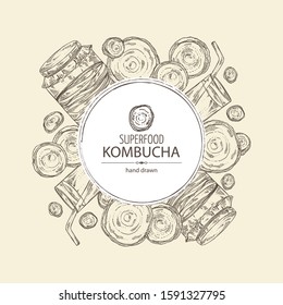 Background with kombucha: mushroom, jar with kombucha tea. Super food. Vector hand drawn illustration 