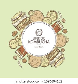 Background with kombucha: mushroom, jar with kombucha tea. Super food. Vector hand drawn illustration 
