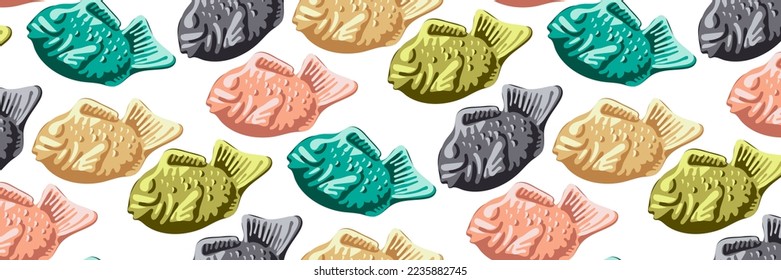 Background of Korean cuisine called colored taiki. Japanese street food in the form of colored fish on a white background. Pies with sweet filling. Suitable for printing on textiles and paper.