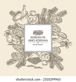Background with korean fir: branch of korean fir, abies koreana cone and bath salt, soap and beauty products. Crataegus berries. Cosmetic, perfumery and medical plant. Vector hand drawn ill