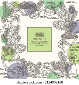 Background with korean fir: branch of korean fir, abies koreana cone and bath salt, soap and beauty products. Crataegus berries. Cosmetic, perfumery and medical plant. Vector hand drawn ill