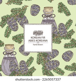Background with korean fir: branch of korean fir with abies, koreana cone and bottle of korean fir essential oil. Cosmetic, perfumery and medical plant