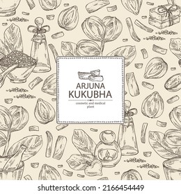 Background with kukubha: kukubha fruits,  arjuna plant and leaves. Terminalia arjuna. Oil, soap and bath salt . Cosmetics and medical plant. Vector hand drawn illustration