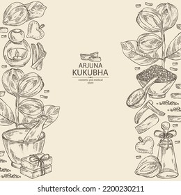 Background with kukubha: kukubha fruits,  arjuna plant and leaves. Terminalia arjuna. Oil, soap and bath salt . Cosmetics and medical plant. Vector hand drawn illustration