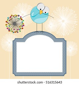 Background with label and bird holding dandelion
