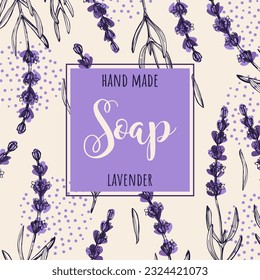 Fondo con una etiqueta de jabón de lavanda. Jabón natural de cosméticos orgánicos. Ilustración dibujada a mano por vectores. Flor de lavanda estilo Doodle. Diseño para cosméticos, productos naturales y orgánicos, salud