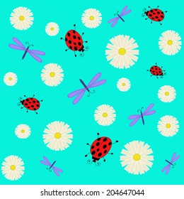 background of ladybugs, dragonflies and daisies