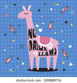 Background with lama, hearts, english text. No drama, llama, poster design. Backdrop vector with lettering, animal. Decorative hand drawn illustration. Save the date card. Happy alpaca